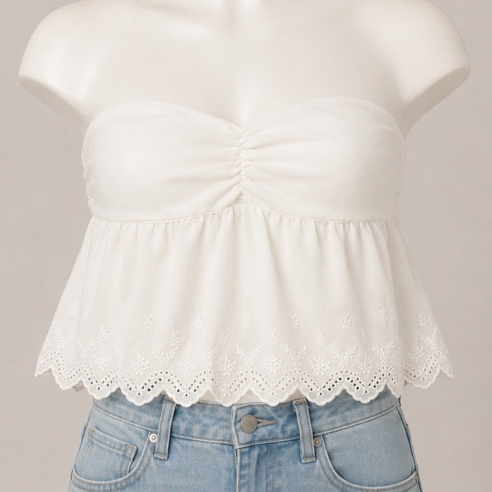 Wild Fable White Eyelet Babydoll Top XL Scalloped Hem Ribbed Boho Coquette